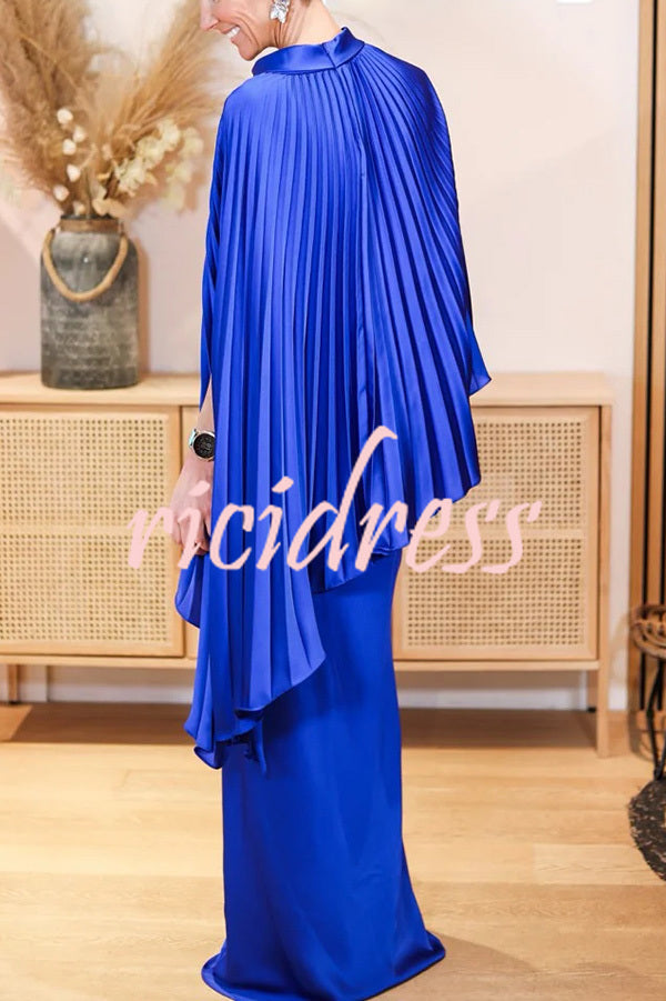 Lily Satin Solid Color Pleated Loose Cape and Elegant Maxi Skirt Set