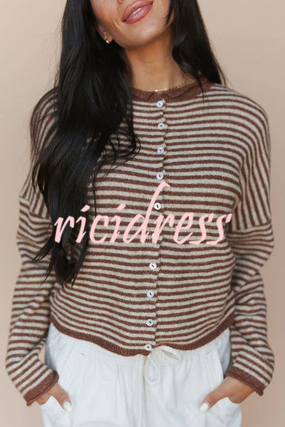 Fashionable Contrast Striped Casual Long-sleeved Knitted Cardigan