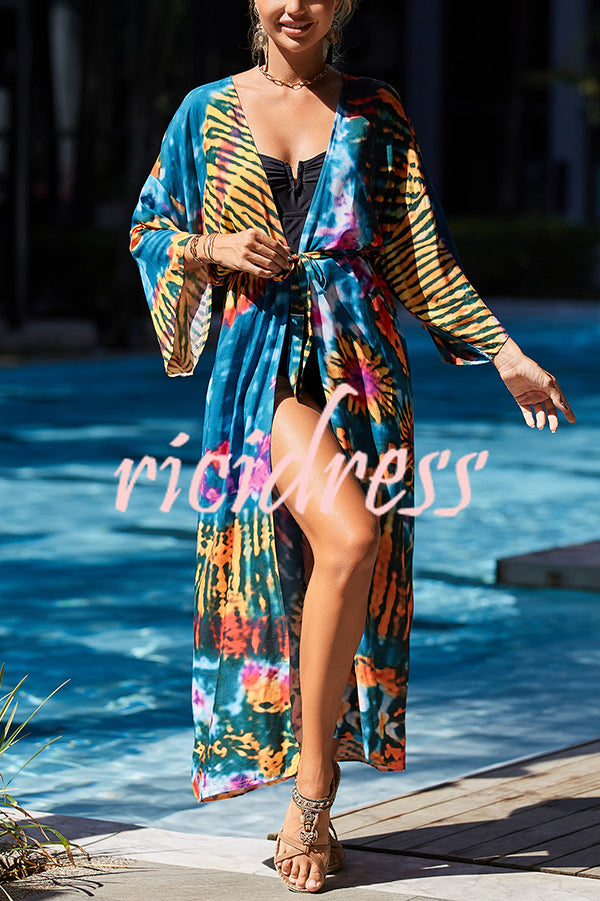 Unique Print Loose Lace Up Holiday Maxi Cover Up