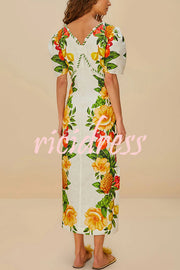 Picnic Flowers Linen Blend Floral Print Puff Sleeve Braided Rope Trim Maxi Dress