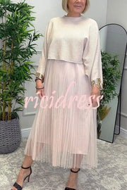 Fenna Ribbed Sequin Trim Batwing Sleeve Sweater and Pleated Tulle Stretch Tank Midi Dress Two-piece Set