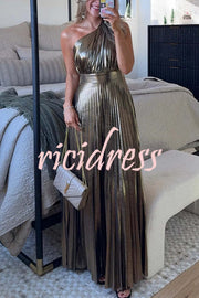 Be My Guest Metallic Fabric Pleated One Shoulder Maxi Dress