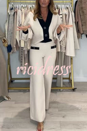 Fashion Contrast Color V-neck Loose Cardigan and Elastic Waist Casual Pants Set