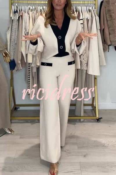 Fashion Contrast Color V-neck Loose Cardigan and Elastic Waist Casual Pants Set