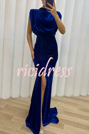 Milan Muse Velvet Padded Shoulder Ruched Belt Slit Maxi Dress