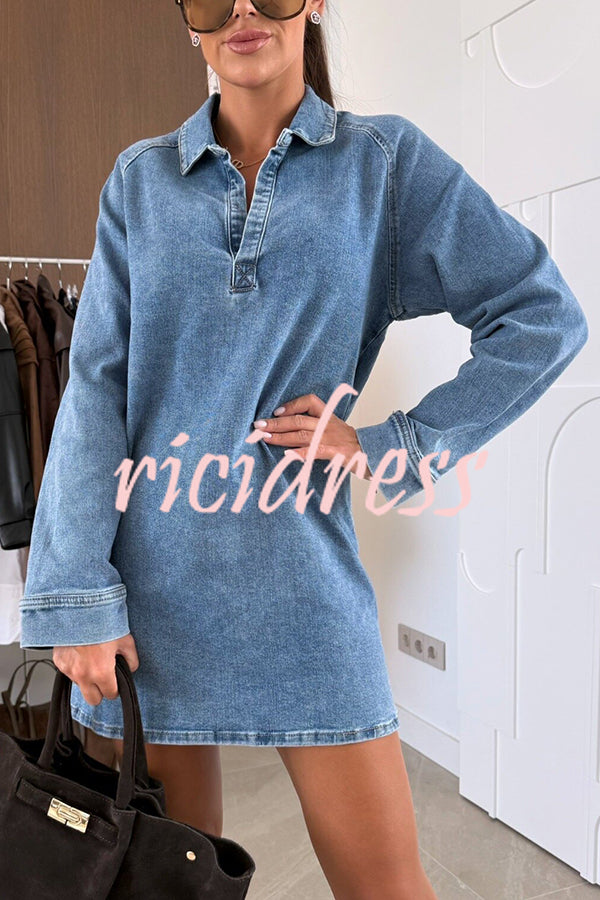 Fashion Lapel Long Sleeve Loose Denim Mini Dress
