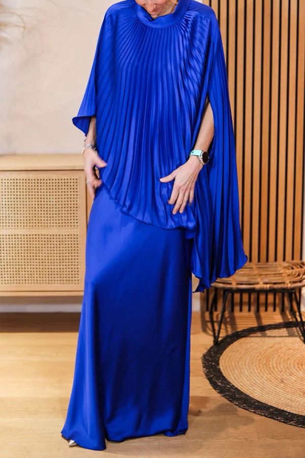 Lily Satin Solid Color Pleated Loose Cape and Elegant Maxi Skirt Set