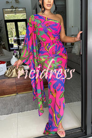 Colorful Printed One-sleeve Slim-fitting Slit Maxi Dress