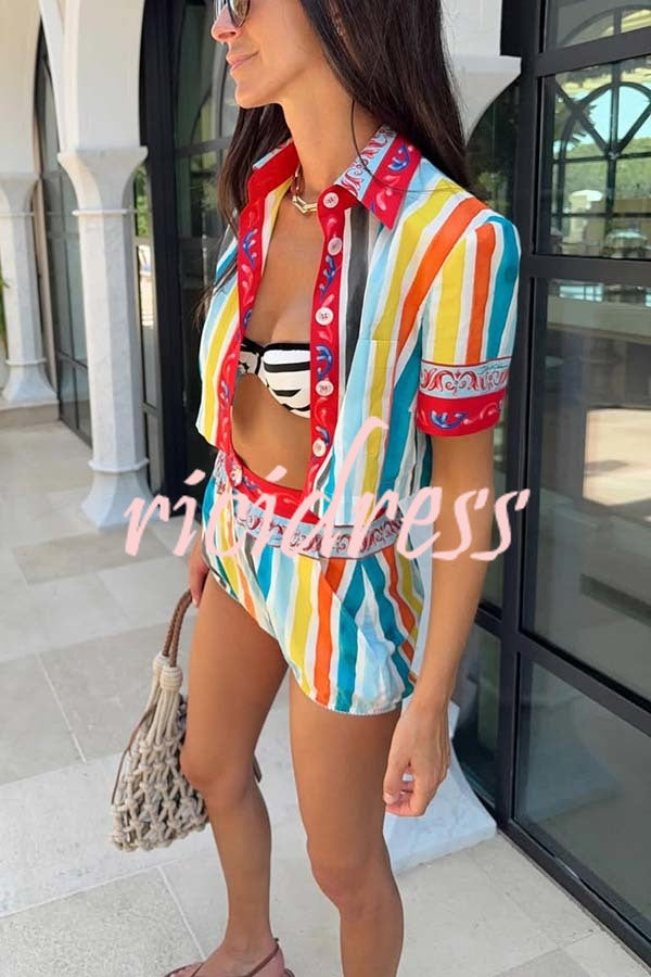 Rainbow Mood Unique Print Short Sleeve Crop Shirt and Elastic Waist Loose Bloomers Set
