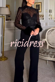 Aerie Sequin Embellished Mock Neck Long Sleeve Feather Cuff Flare Jumpsuit