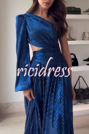 Dazzling Night Metallic Pleated One Shoulder Cutout Balloon Sleeve Gown Maxi Dress