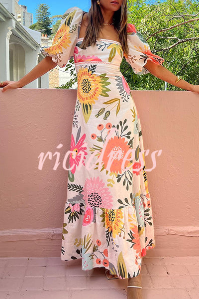 Looking for Sunshine Floral Print Square Neck Bubble Sleeve Maxi Dress