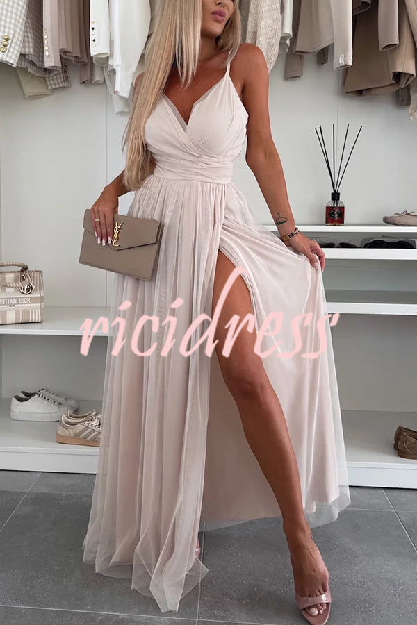 Solid Color Tulle Halter Back High Slit Maxi Dress