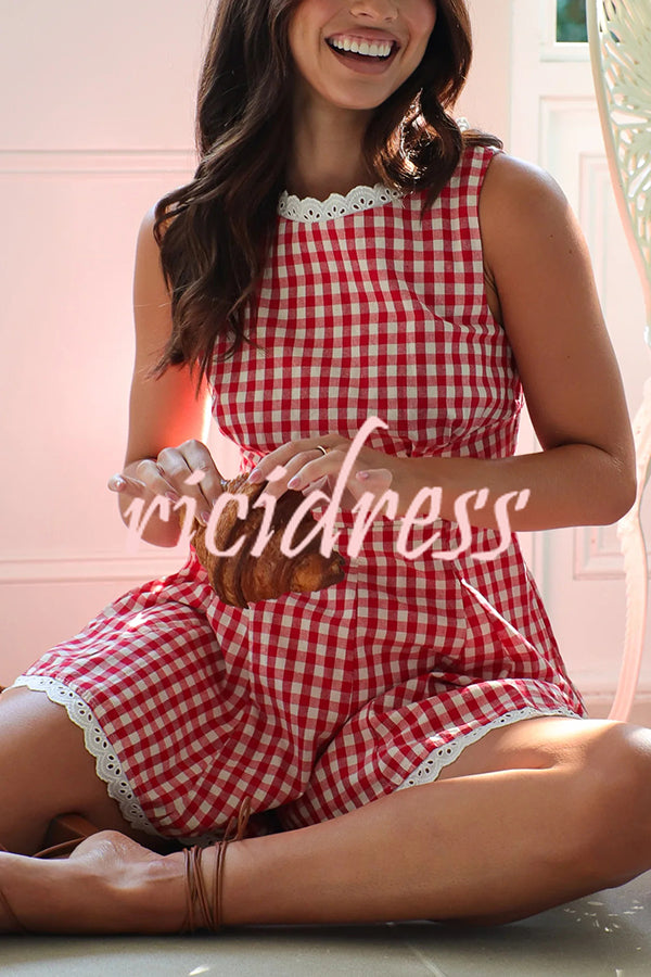 Plaid Print Sleeveless Pleated Waist Casual Rompers