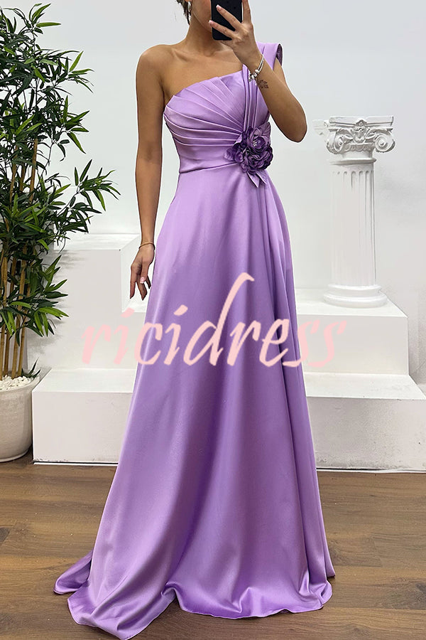 Nasha Satin Pleated One Shoulder Petal Gemstone Detail Pocket Slit Maxi Dress