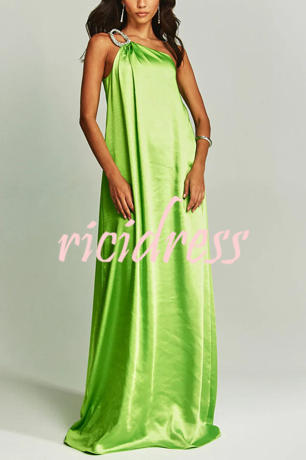 Charming Glance Satin Metal Hardware One Shoulder Loose Maxi Dress