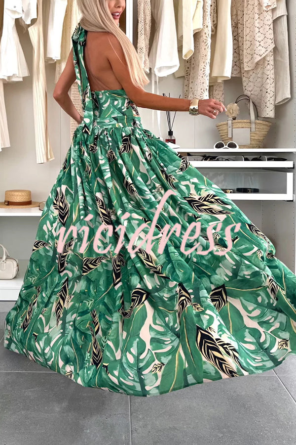 Amazon Scenery Unique Print Tie-up Cutout Waist Ring Halter Slit Maxi Dress