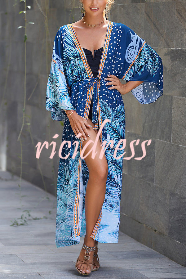 Unique Print Loose Lace Up Holiday Maxi Cover Up