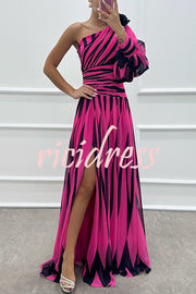 Purely Charming Printed Rose Pendant One Shoulder Pleated Slit Maxi Dress