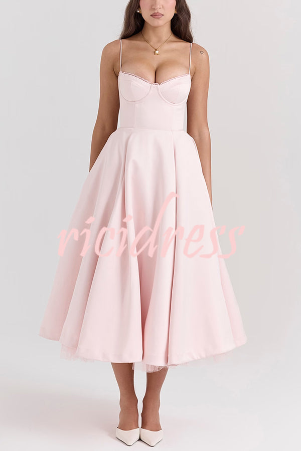 Fairytale Vibe Satin Patchwork Tulle Sweetheart Neck Pocket Stretch Midi Dress