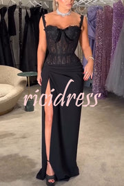 Sexy Grace Magic Lace Corset Bow Design Ruched Hip Slit Maxi Dress