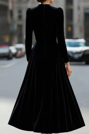 Solid Color Velvet Round Neck Long Sleeve Elegant Maxi Dress