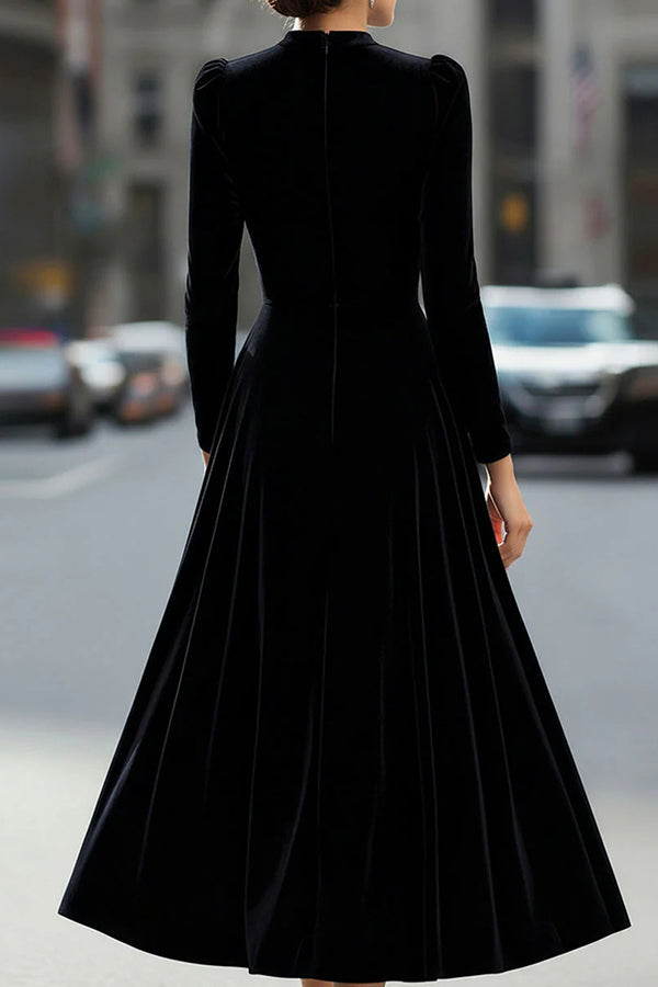 Solid Color Velvet Round Neck Long Sleeve Elegant Maxi Dress