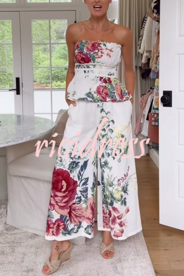 In To The Summer Linen Blend Floral Print Elastic Bandeau and Elastic Waist Pocket Loose Pants Set
