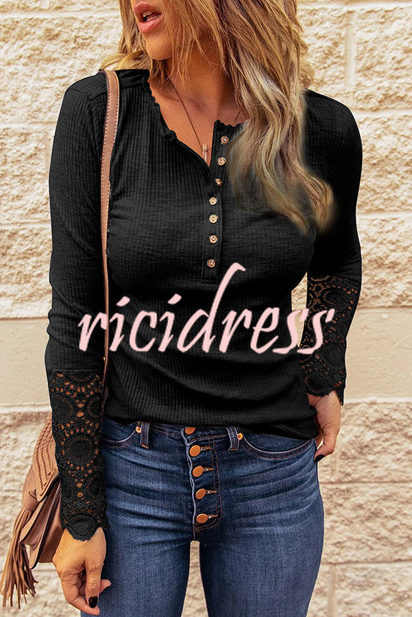 Solid Color Button Crochet Lace Long Sleeve Top