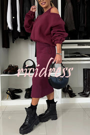 Lifestyle Wide Neck Relaxed Sweatshirt and Ribbed Tank Stretch Midi Dress Set