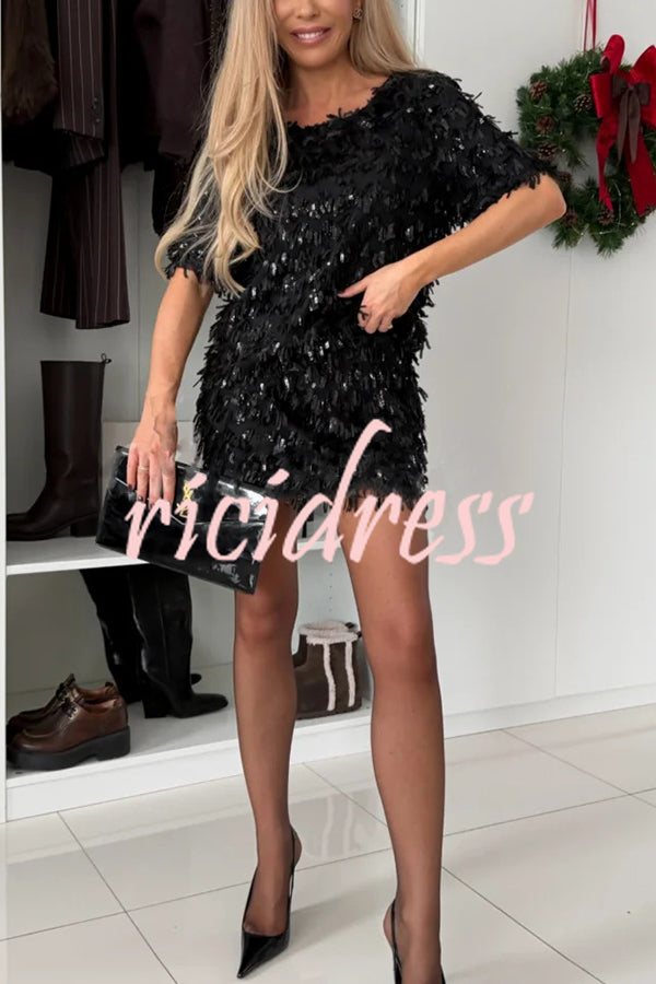 Polished Uptown Sequin Tassel Round Neck Short Sleeve Top and Elastic Waist Mini Skirt Set
