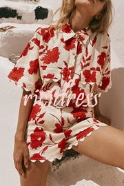 Ellora Linen Blend Floral Wave Trim Short Sleeve Shirt and Belt Pocketed Loose Shorts Set