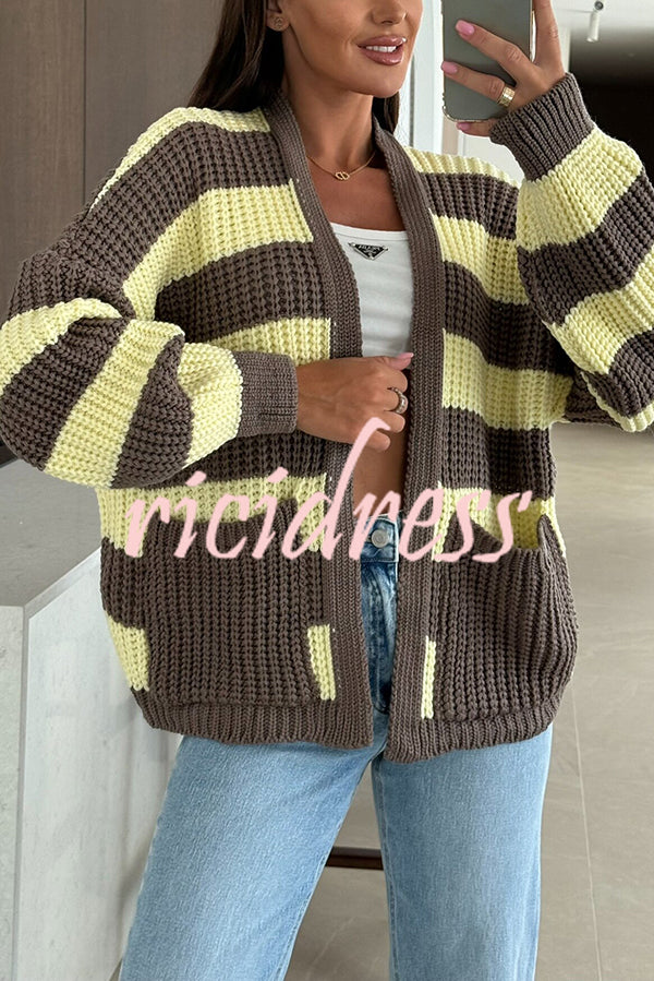 Fashionable Patchwork Striped Casual Pocket Knitted Sweater