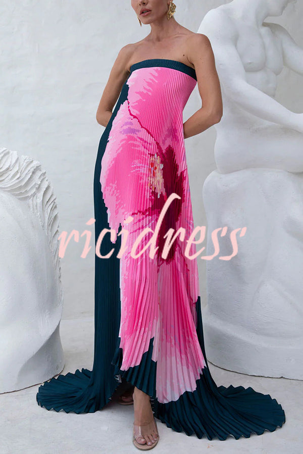 All about Her Pleated Floral Print Off Shoulder A-line Maxi Dress