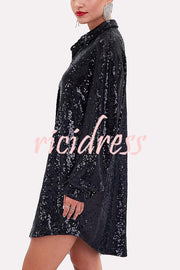 Solid Color Sequined Long-sleeved Casual Mid-length Loose Shirt