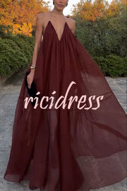 Flowing Lightweight Chiffon Chain Halter Neck Detail Backless A-line Maxi Dress