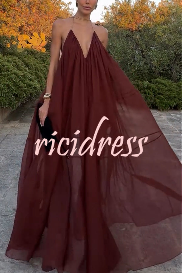 Flowing Lightweight Chiffon Chain Halter Neck Detail Backless A-line Maxi Dress
