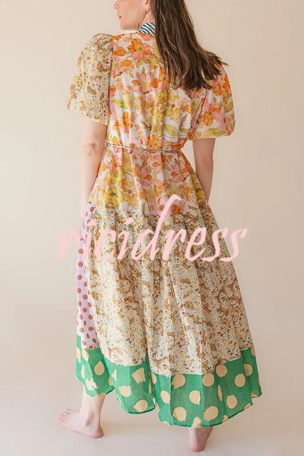 Linen Blend Unique Print Lapel Puff Sleeve Casual Midi Dress