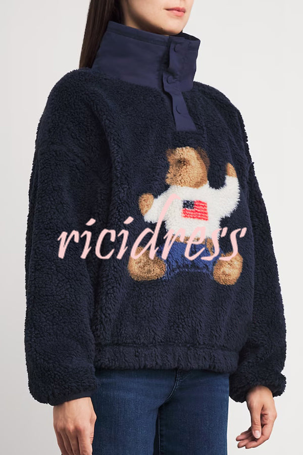 American Retro Polo Bear Pattern Stand Button Neck Long Sleeve Fleece Pullover