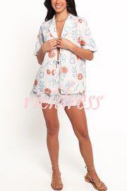 Graffiti Fruit Print Lapel Tie Short Sleeve Top and Elastic Waist Loose Pocket Shorts Set