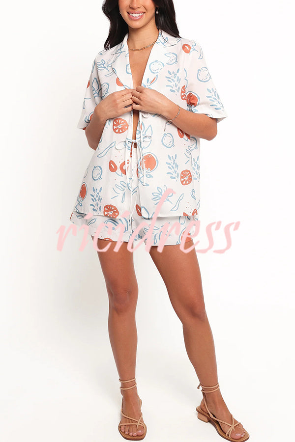 Graffiti Fruit Print Lapel Tie Short Sleeve Top and Elastic Waist Loose Pocket Shorts Set
