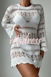 Ashton Knit Texture Hollow Out Bell Sleeve loose Mini Dress