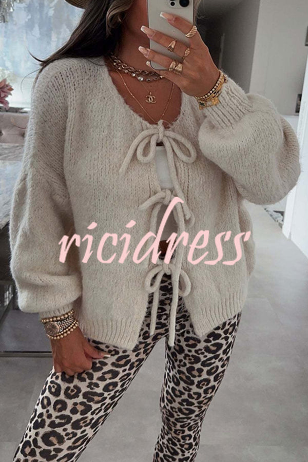 Solid Color Long-sleeved V-neck Lace-up Loose Knitted Sweater