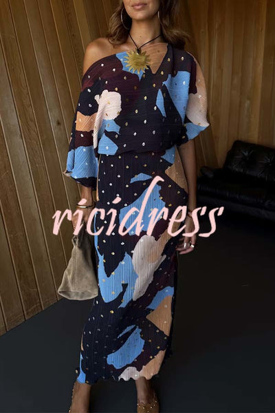 Mara Pleated Fabric Metallic Speckled Color Block Print One Shoulder Maxi Dress
