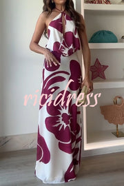Leslie Flower Print Halter Cutout Cowl Neck Backless Maxi Dress