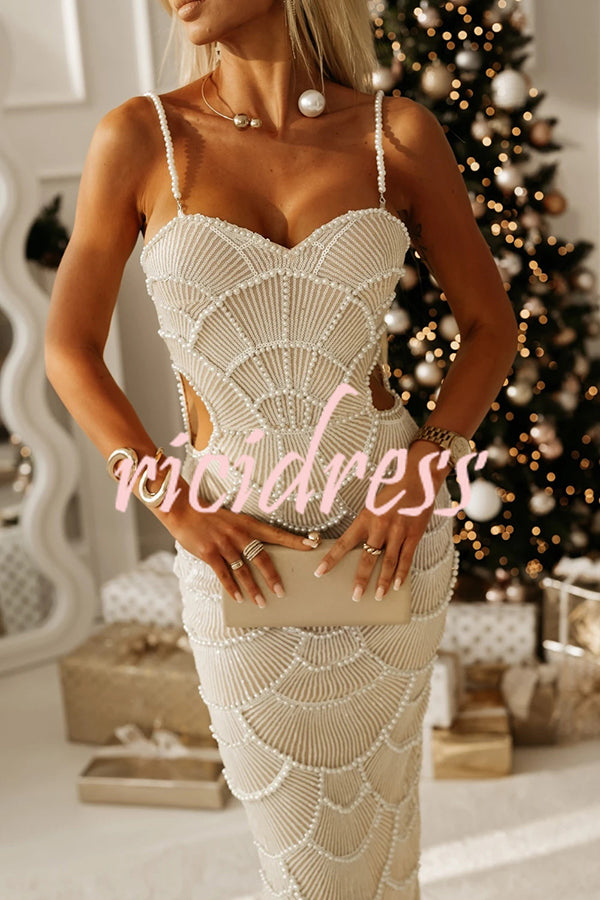 Own It Pearl Sequin Embellished Sexy Backless Cutout Strap Maxi Dress