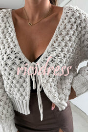 Marin Knit Hollow Texture Tie-up Neck Balloon Sleeve Relaxed Cardigan