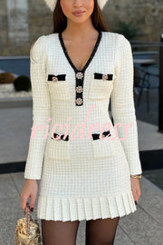 Stylish Waffle Contrast V-neck Ruffled Knitted Mini Dress