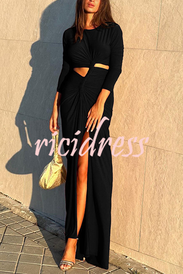 Solid Color Round Neck Long Sleeve Sexy Exposed Waist Slit Maxi Dress