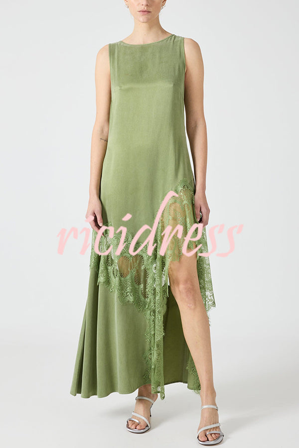 Pretty Soul Satin Lace Trim Wide Neck Irregular Hem Slit Maxi Dress